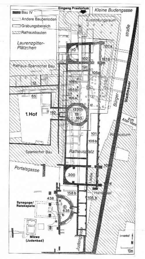 Das Gebiet des Kölner Praetoriums. Das heutige Grabungsgelände liegt unten, umgeben von Portalgasse, Judengasse, Marsplatz und Unter Goldschmied; darüber die Rathauslaube (Wolff, 168).