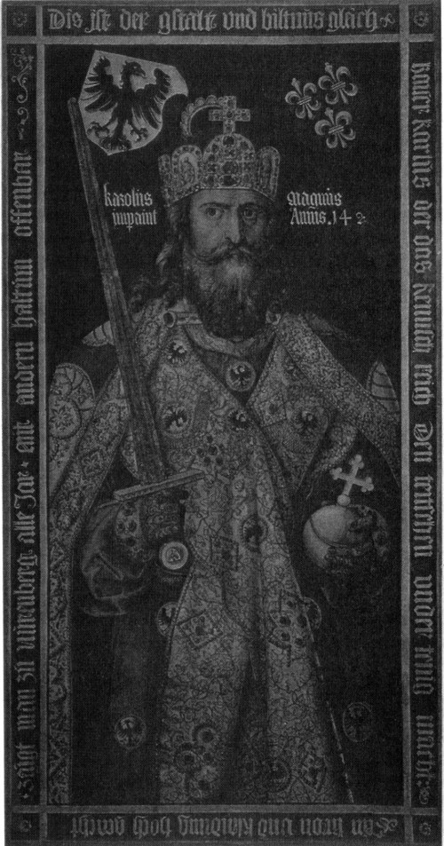 Karl der Große: Idealbildnis mit den Reichskleinodien, die zu seiner Zeit noch nicht existierten, von Albrecht Dürer, 1510/12