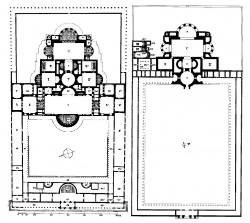 Abb. 5: „Grundrisse der Kaiserthermen; links: erster Bauzustand [~300], rechts: zweiter Bauzustand [2. Hälfte 4. Jh.]“ [H. 277, Abb. 96]