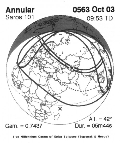 Abb. 4: Das von der ringförmigen Sonnenfinsternis am 3. Oktober 563 konventioneller Zeitrechnung berührte Gebiet. Durch die Parallel-Linien wird das Gebiet angezeigt, wo die Phase der Sonnenfinsternis am größten, d.h. zu 94 % ausfiel. Es ist zu erkennen, dass diese Phase Gallien bei weitem nicht betrifft; dort blieb diese nämlich unter 25 %. Daten nach Fred Espenak (2010).