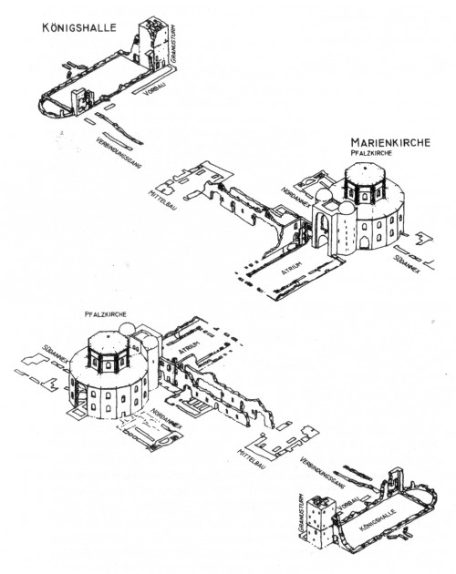 „Erhaltener karolingerzeitlicher Baubestand der Kernpfalz Aachen · Entwurf: Judith Ley, Zeichnung: Frédéric Schnee“ [Kraus, 117]