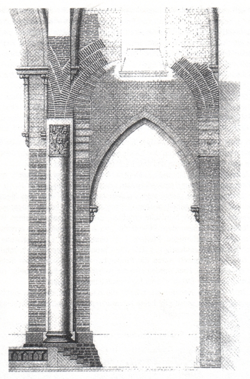 „Schnitt durch den nordwestlichen Vierungspfeiler und das nördliche Seitenschiff (mit Blick von Osten): Treppen des Quadratpodiums (4. Jh.); nicetische Säule (6. Jh.) mit Ummantelung (10. Jh.); Ziegelbögen (6. Jh.), durch barockes Fenster (18. Jh.) durchbrochen; darunter: sichelförmiger Bogen (11. Jh.); Wand, Wandpfeiler und Kapitellrest (4. Jh.); Spitzbogen und Füllmauerwerk (11. Jh.)“ [Ronig 6]