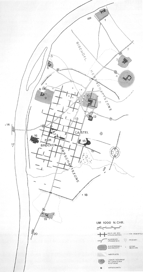 „Trier, Lageplan um 1000, Zeichnung von R. Thelen (Planarchiv Städtische Denkmalpflege)“ [Trier 41]