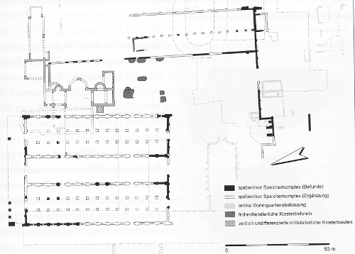 „Gesamtplan der antiken und mittelalterlichen Befunde auf dem Gelände der Vereinigten Hospizien (Sankt Irminen)“, auch Horrea genannt, Ausschnitt [Kuhnen 167]